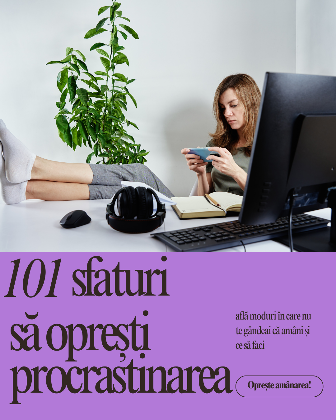 101 sfaturi sa opresti procrastinarea - ebook coperta - femeie la laptop